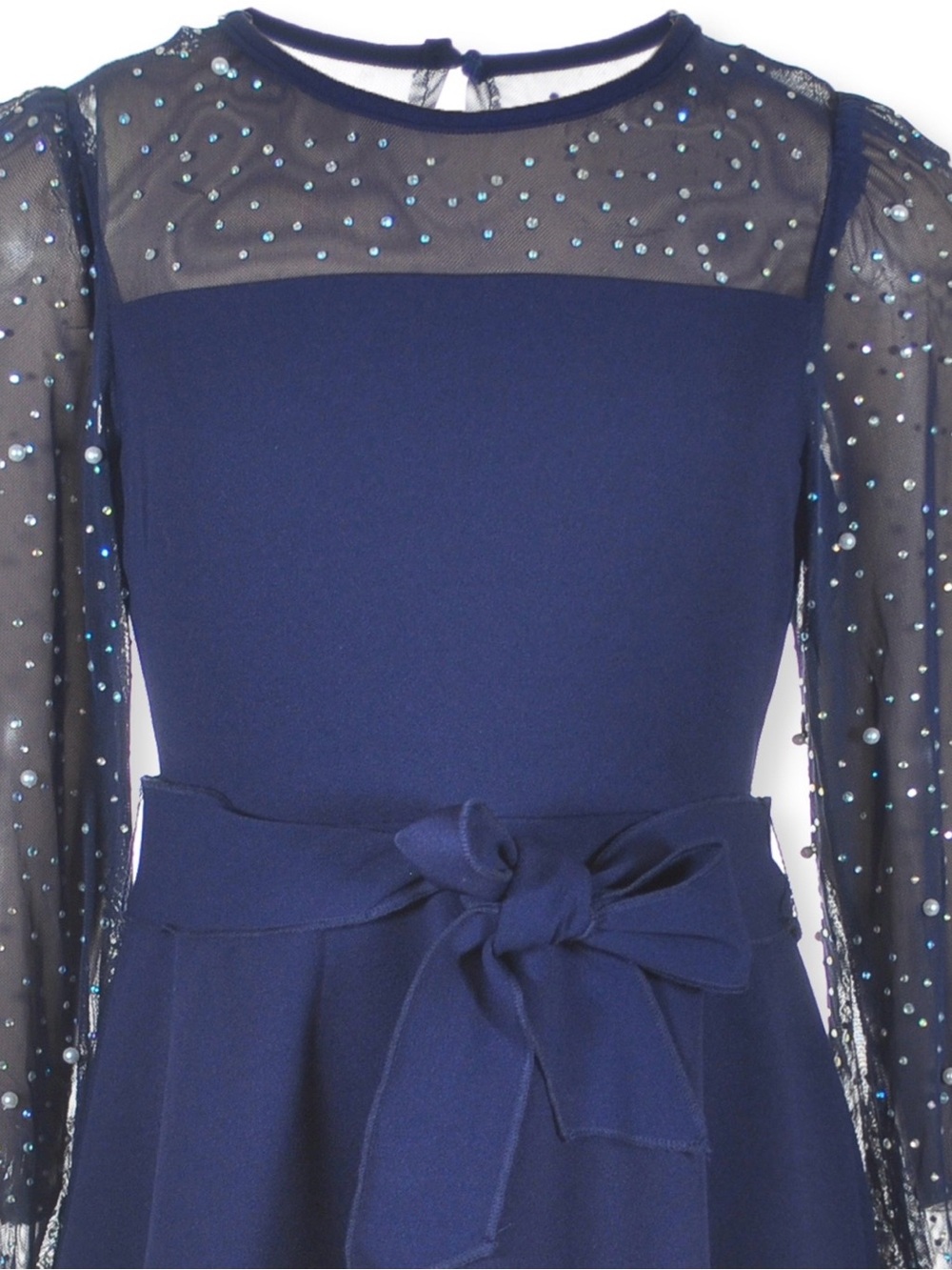 Speechless Navy Beaded Mesh Bow Waist Party Dress